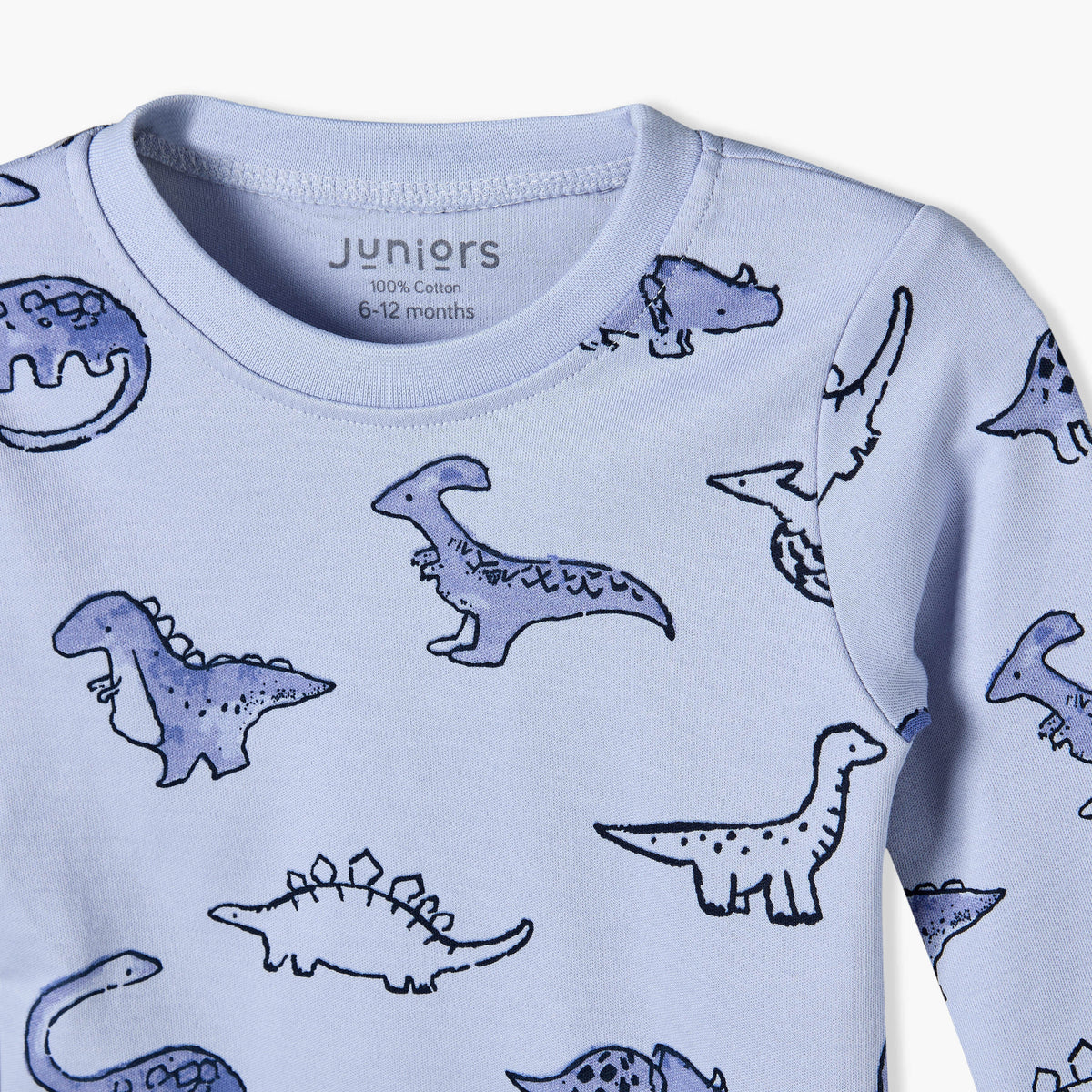 Pack of 3 Juniors Cotton Round Neck Long Sleeves Pyjama Set with Dinosaur Print