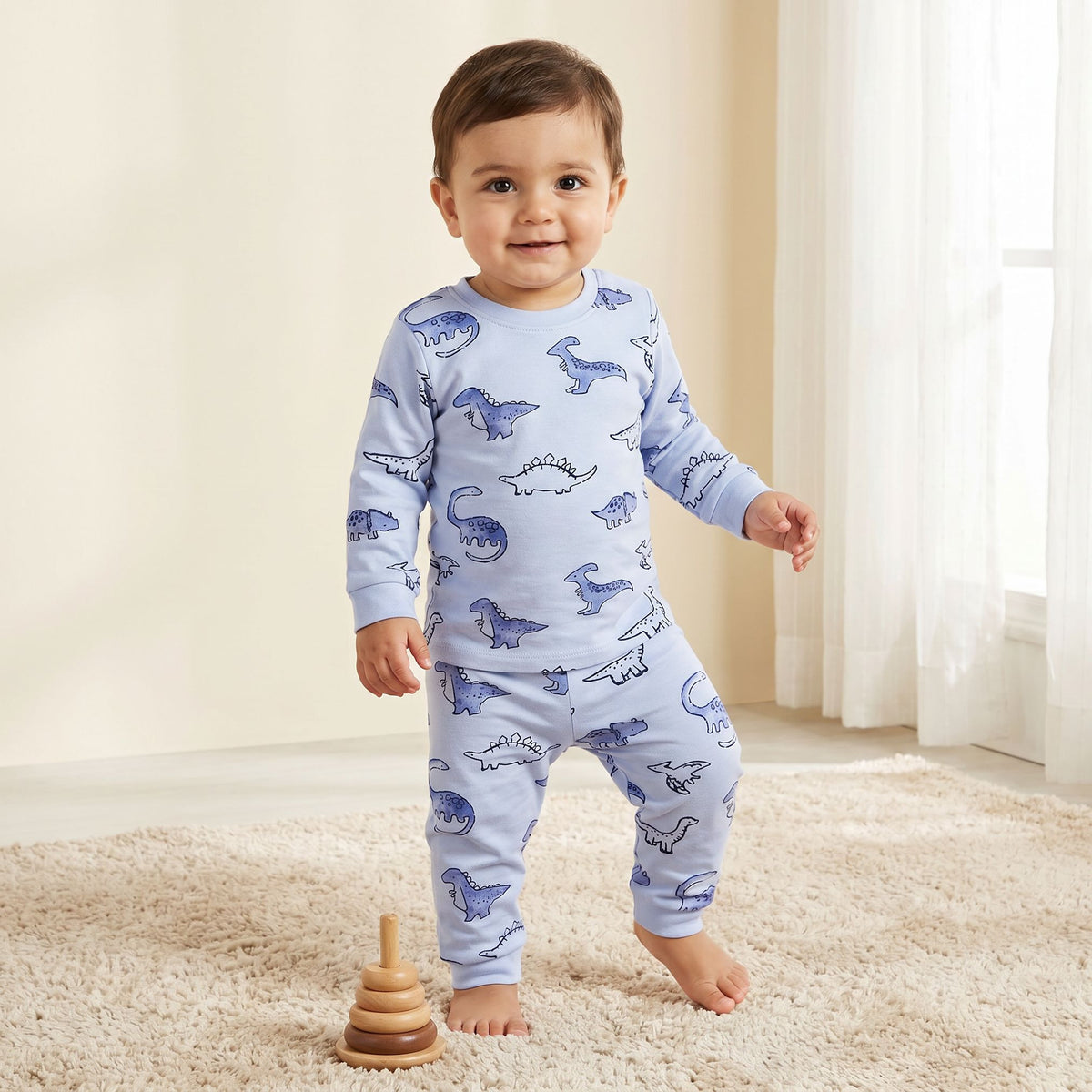 Pack of 3 Juniors Cotton Round Neck Long Sleeves Pyjama Set with Dinosaur Print