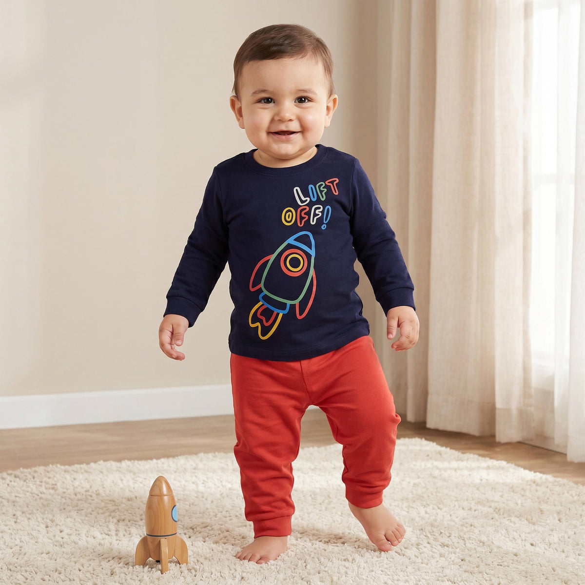 Pack of 3 Juniors Cotton Crew Neck Short Sleeves Pyjama Set with Rocket Print