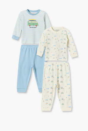 Pack of 2 Juniors Cotton Crew Neck Long Sleeves Pyjama Set with Transport Print