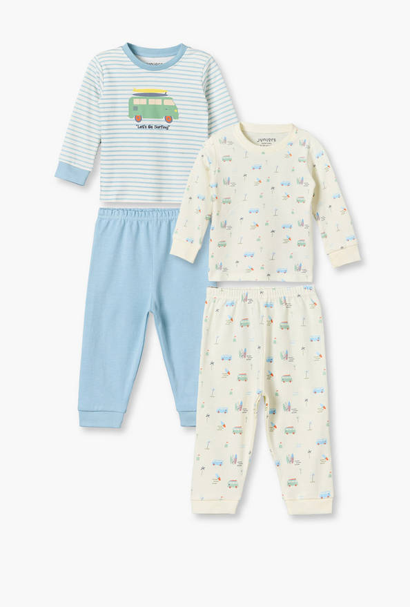 Pack of 2 Juniors Cotton Crew Neck Long Sleeves Pyjama Set with Transport Print