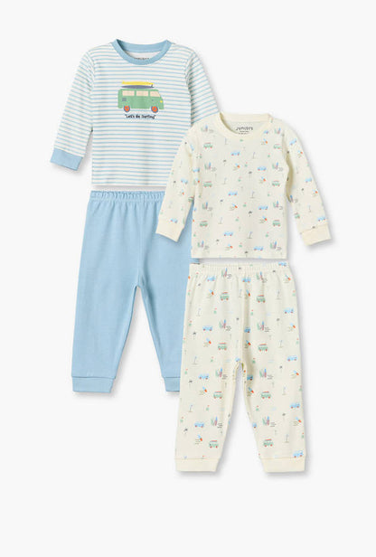 Pack of 2 Juniors Cotton Crew Neck Long Sleeves Pyjama Set with Transport Print