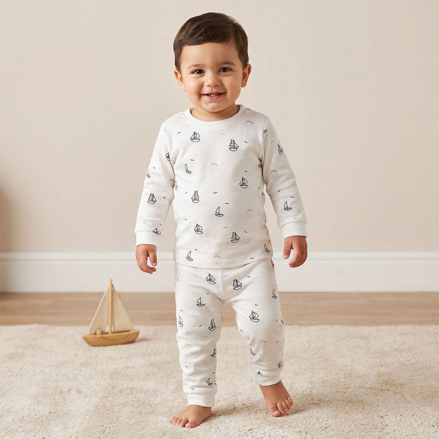 Juniors Nautical Print T-shirt and Pyjama Set - White / 18-24 mths