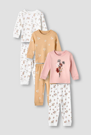 Set of 3, Juniors Cotton Crew Neck Long Sleeves Pyjama Set with Floral Print