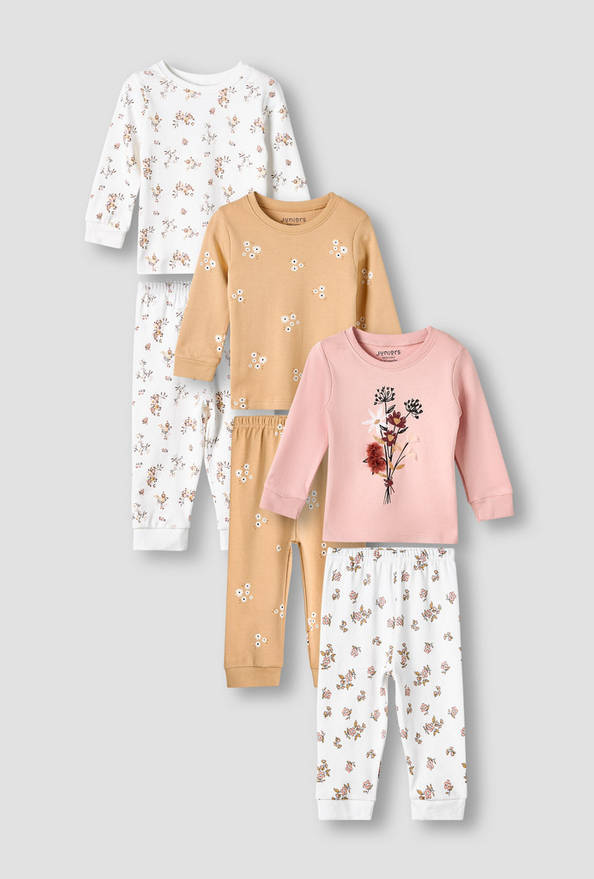 Set of 3, Juniors Cotton Crew Neck Long Sleeves Pyjama Set with Floral Print