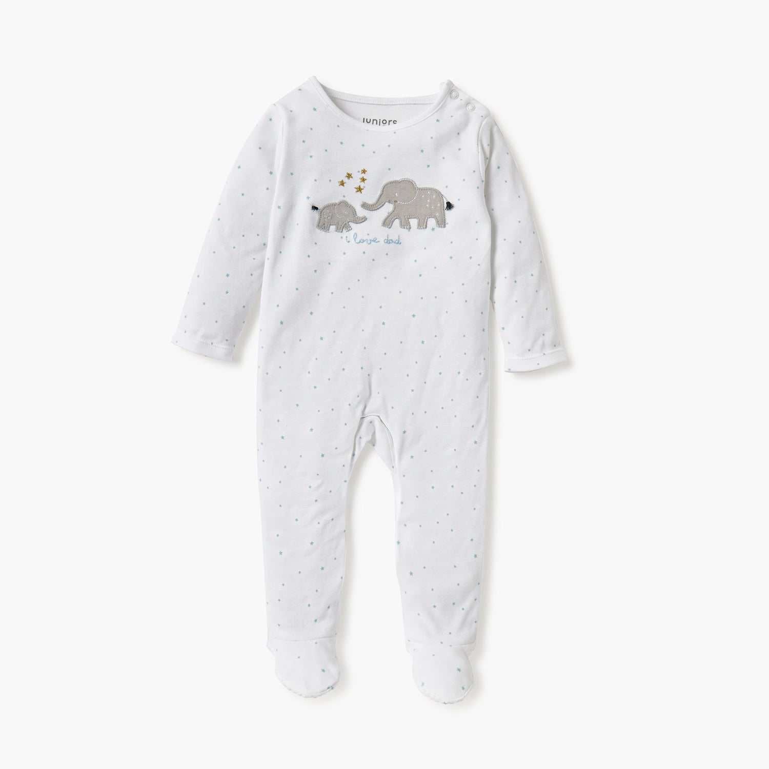 Juniors Elephant Applique Detail Closed Feet Sleepsuit with Long Sleeves - White / 12-18 mths