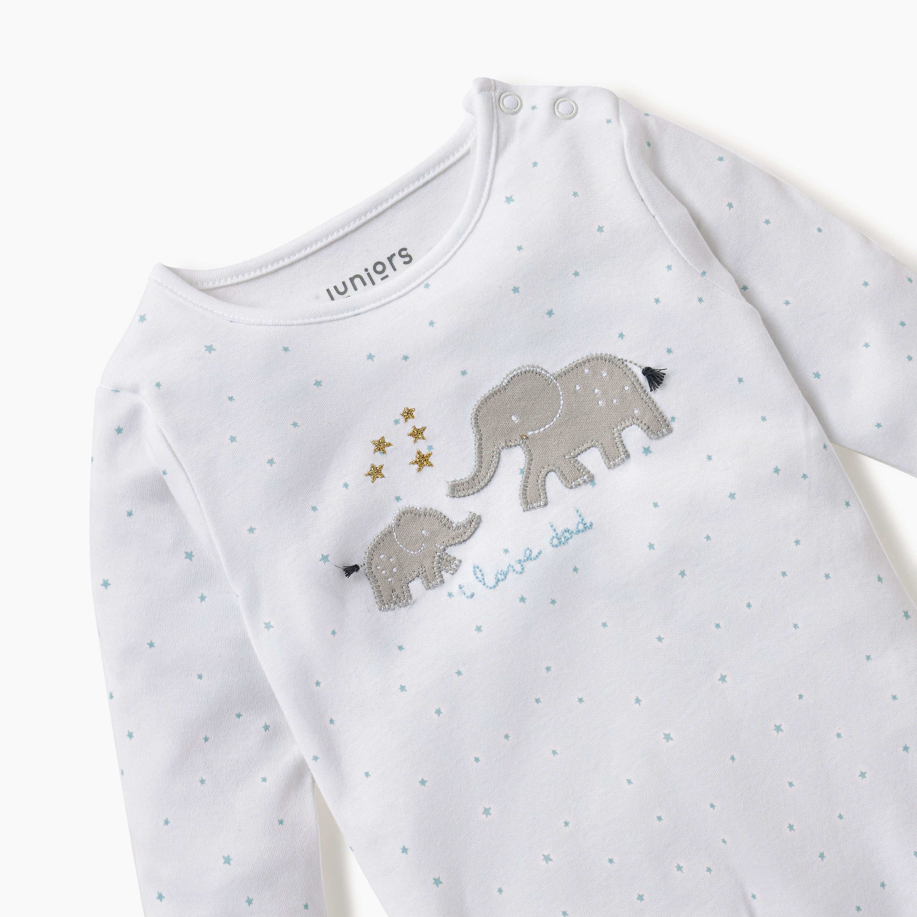 Juniors Elephant Applique Detail Closed Feet Sleepsuit with Long Sleeves