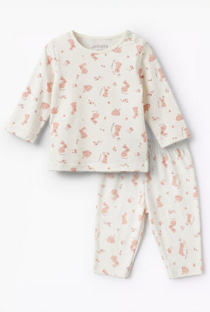Juniors Cotton Round Neck Long Sleeves Pyjama Set with Bunny Print
