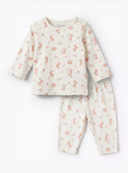 Juniors Cotton Round Neck Long Sleeves Pyjama Set with Bunny Print-baby-girls-clothing-nightwear-pyjamasets-image-1