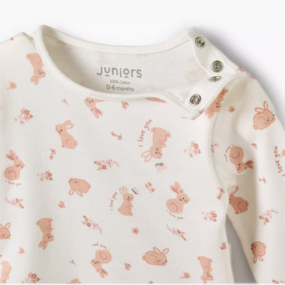 Juniors Cotton Round Neck Long Sleeves Pyjama Set with Bunny Print