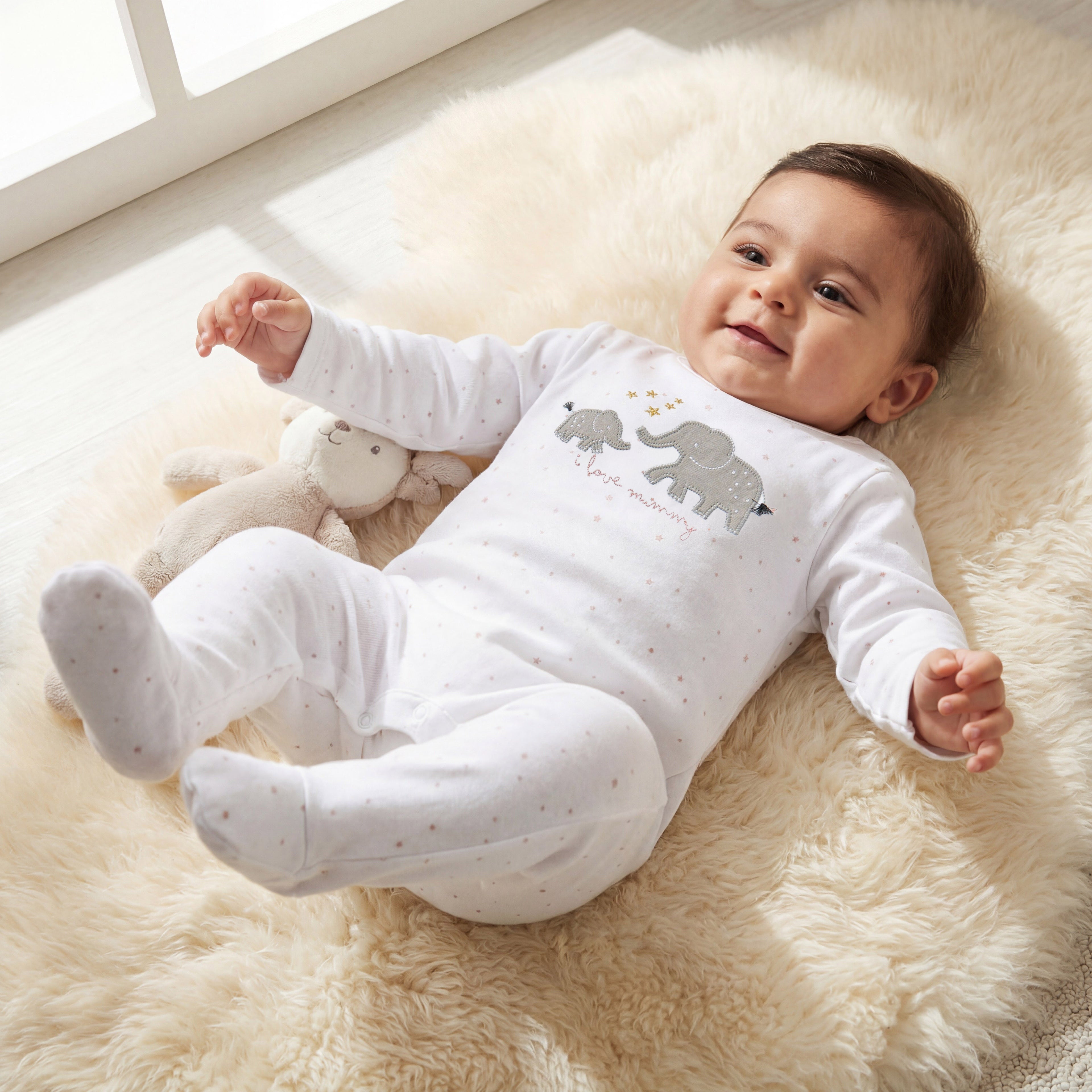 Juniors Embroidered Closed Feet Sleepsuit with Long Sleeves - White / 12-18 mths