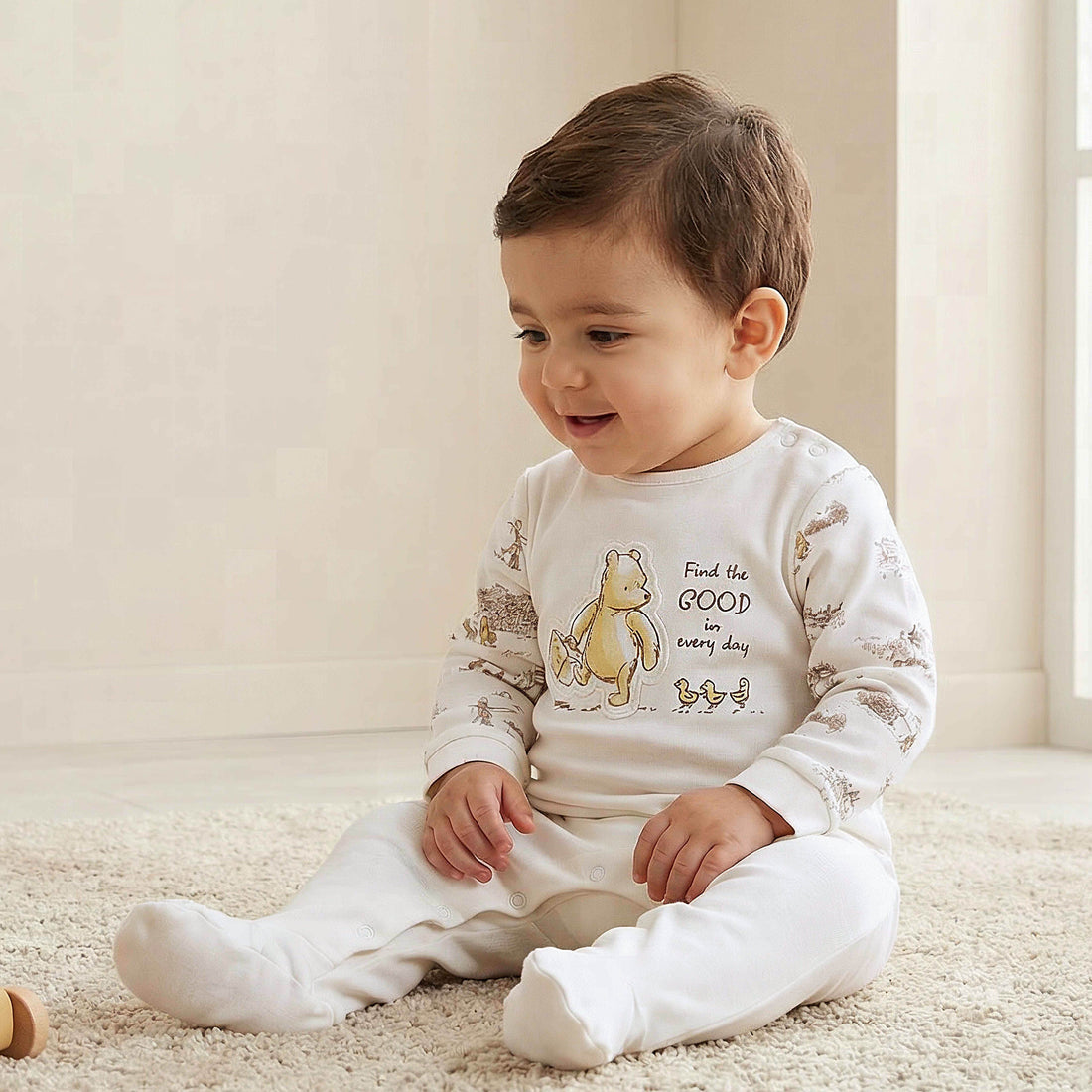 Disney Cotton Crew Neck Long Sleeves Sleepsuit with Winnie the Pooh and Friends Print - Cream / 9-12 mths