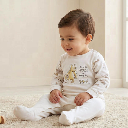 Disney Cotton Crew Neck Long Sleeves Sleepsuit with Winnie the Pooh and Friends Print - Cream / 9-12 mths