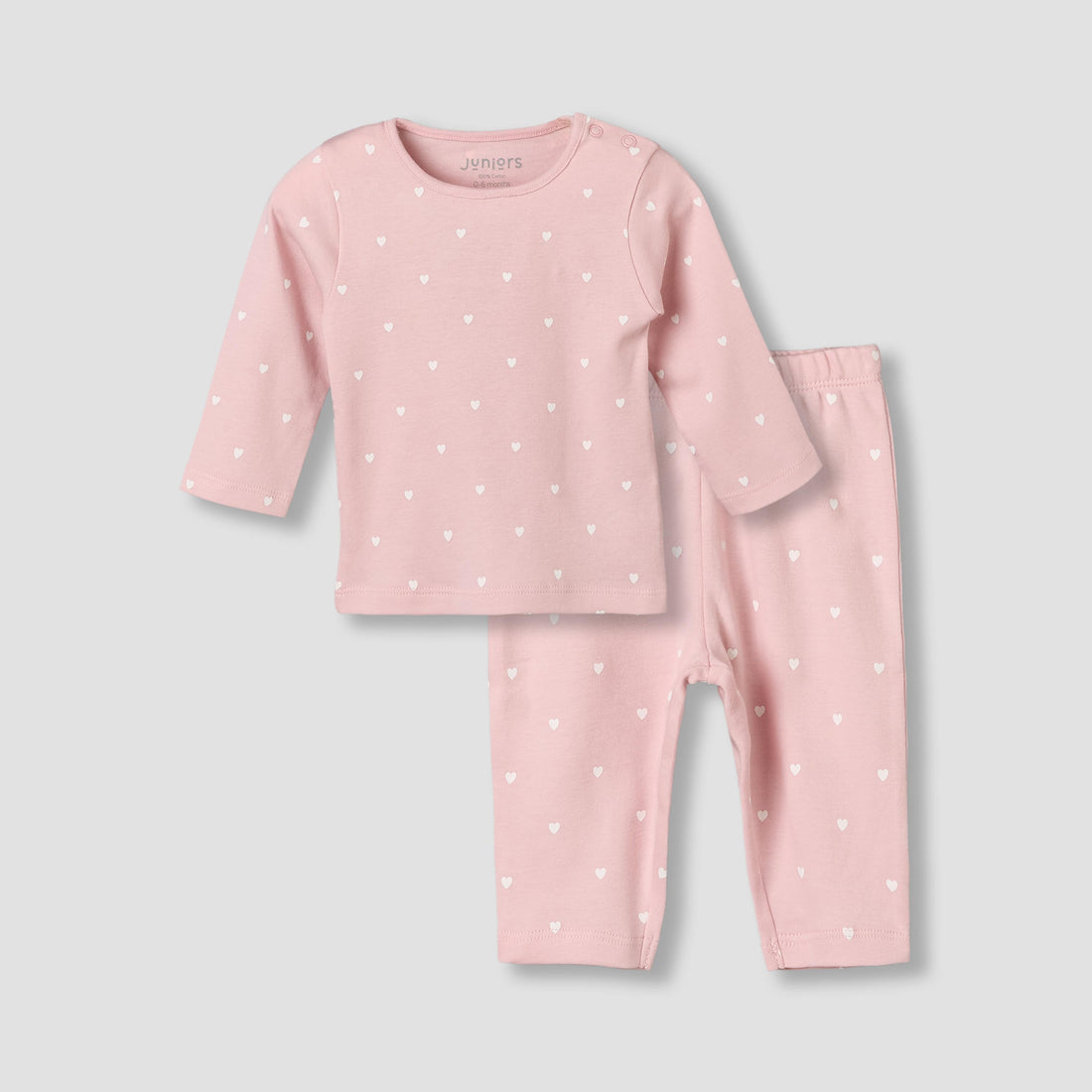 Juniors Cotton Round Neck Long Sleeves Pyjama Set with Heart Print - Pink / 12-18 mths