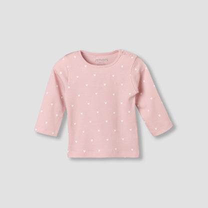 Juniors Cotton Round Neck Long Sleeves Pyjama Set with Heart Print