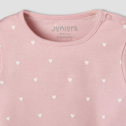 Juniors Cotton Round Neck Long Sleeves Pyjama Set with Heart Print