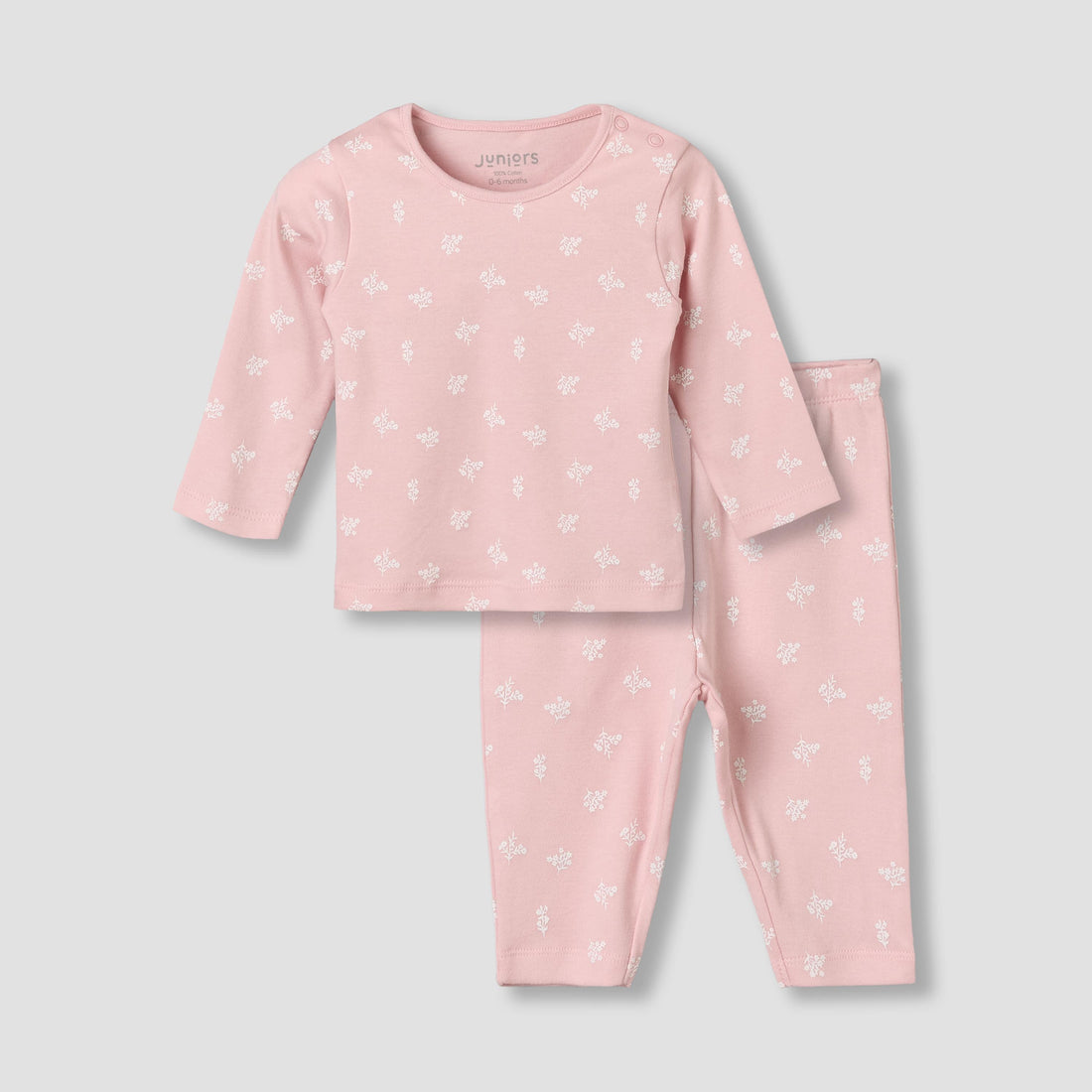 Juniors Cotton Round Neck Long Sleeves Pyjama Set with Floral Print - Pink / 18-24 mths
