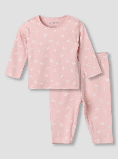 Juniors Cotton Round Neck Long Sleeves Pyjama Set with Floral Print-baby-girls-clothing-nightwear-pyjamasets-image-1