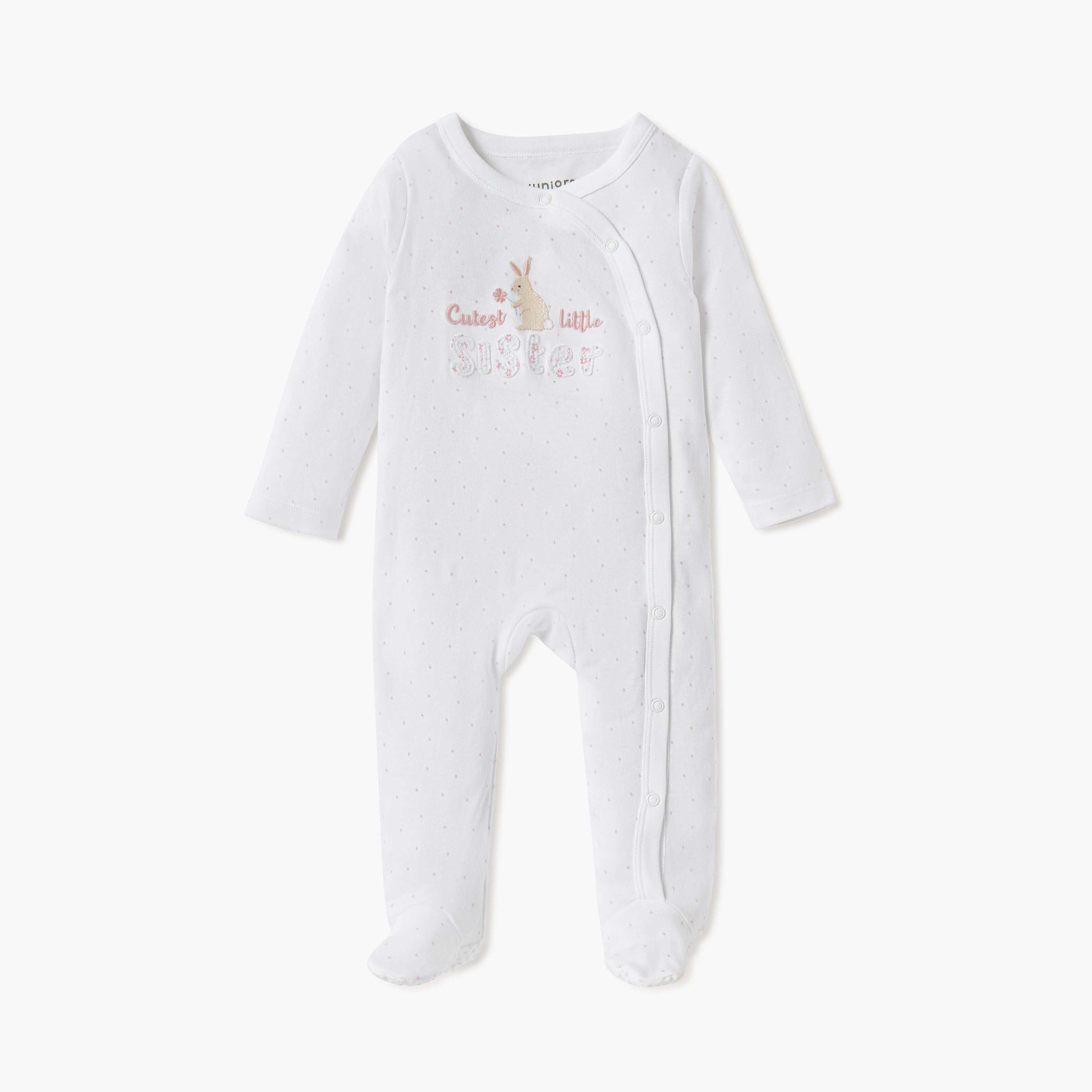Juniors Embroidered Closed Feet Sleepsuit with Long Sleeves - White / 12-18 mths