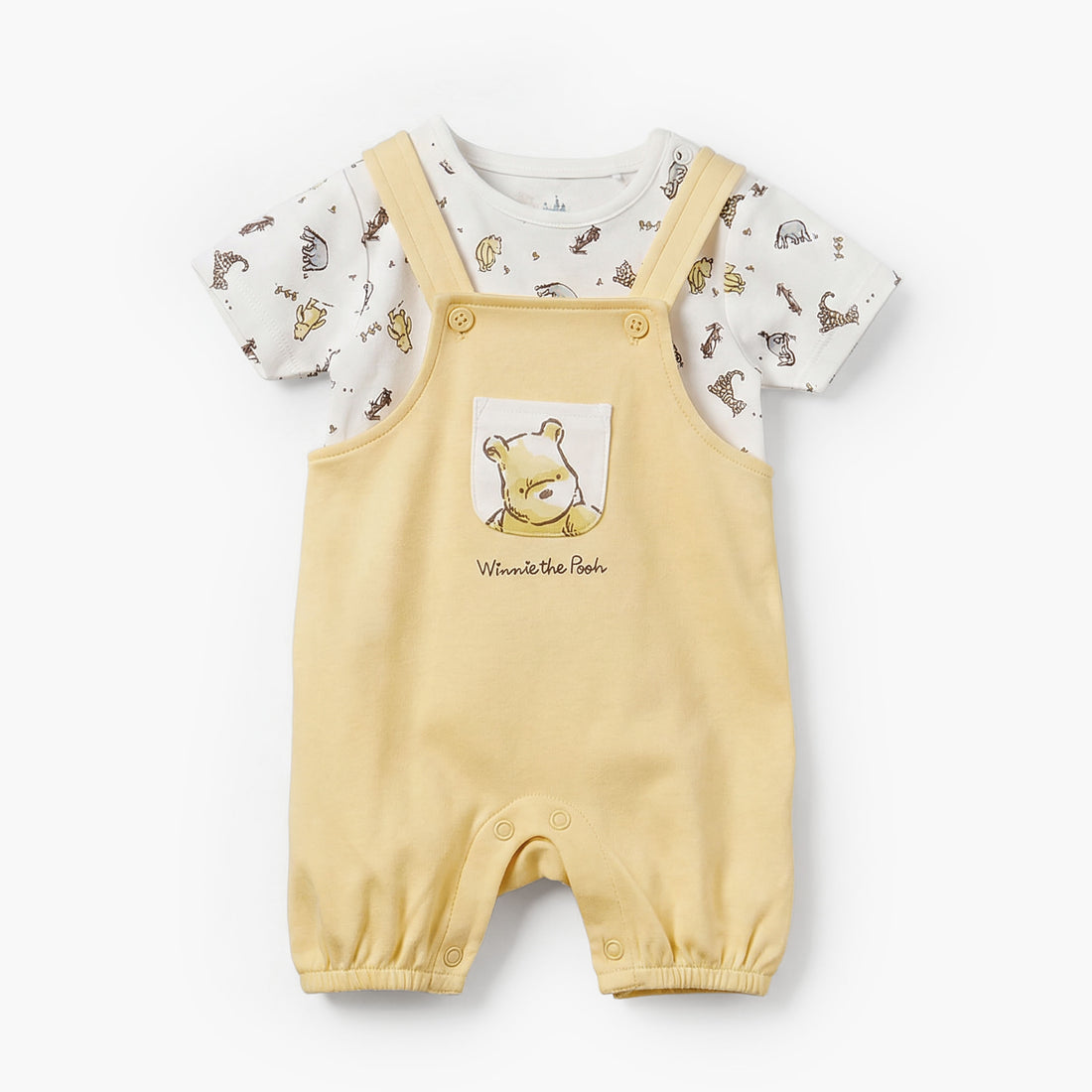 Disney Round Neck Short Sleeves T-shirt and Dungaree Set with Winnie the Pooh Print