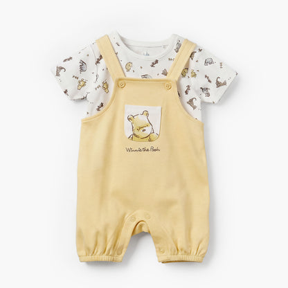 Disney Round Neck Short Sleeves T-shirt and Dungaree Set with Winnie the Pooh Print