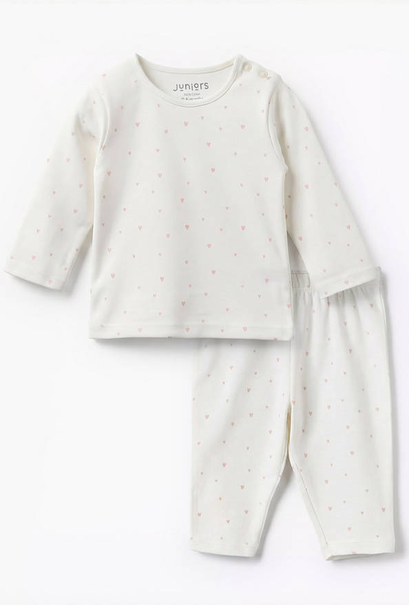 Juniors Cotton Round Neck Long Sleeves Pyjama Set with Heart Print