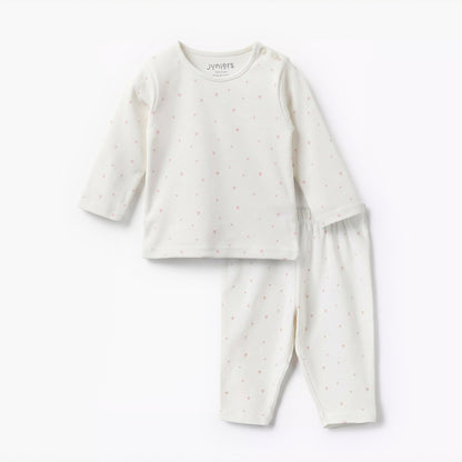 Juniors Cotton Round Neck Long Sleeves Pyjama Set with Heart Print - White / 18-24 mths