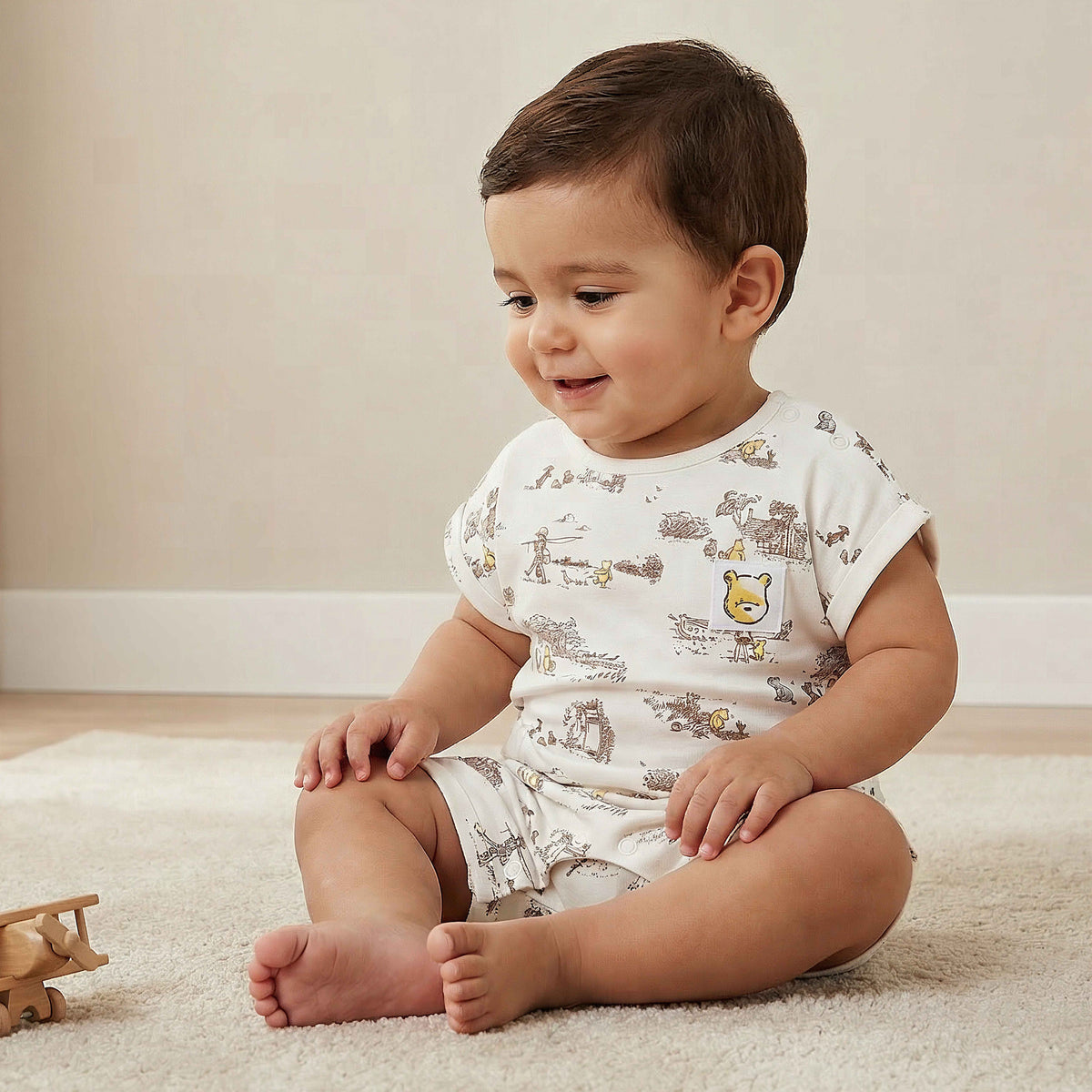 Disney Crew Neck Short Sleeves Romper with Winnie the Pooh and Friends Print