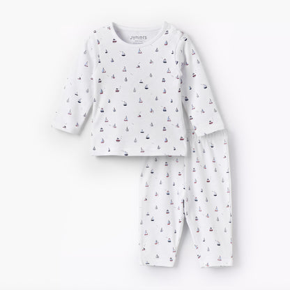 Juniors Cotton Round Neck Long Sleeves Pyjama Set with Boat Print - White / 18-24 mths