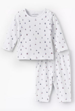 Juniors Cotton Round Neck Long Sleeves Pyjama Set with Boat Print