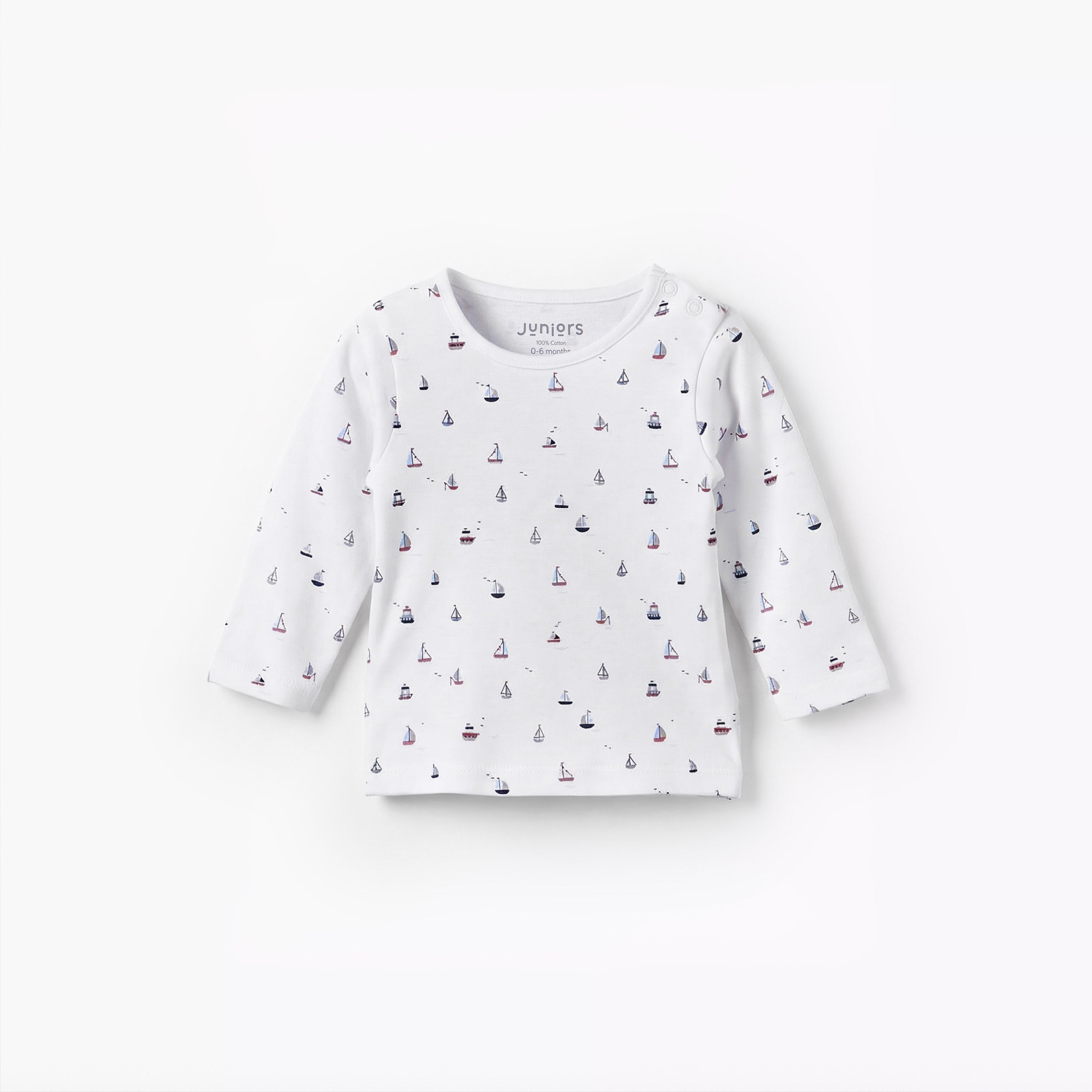 Juniors Cotton Round Neck Long Sleeves Pyjama Set with Boat Print