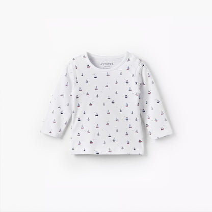 Juniors Cotton Round Neck Long Sleeves Pyjama Set with Boat Print