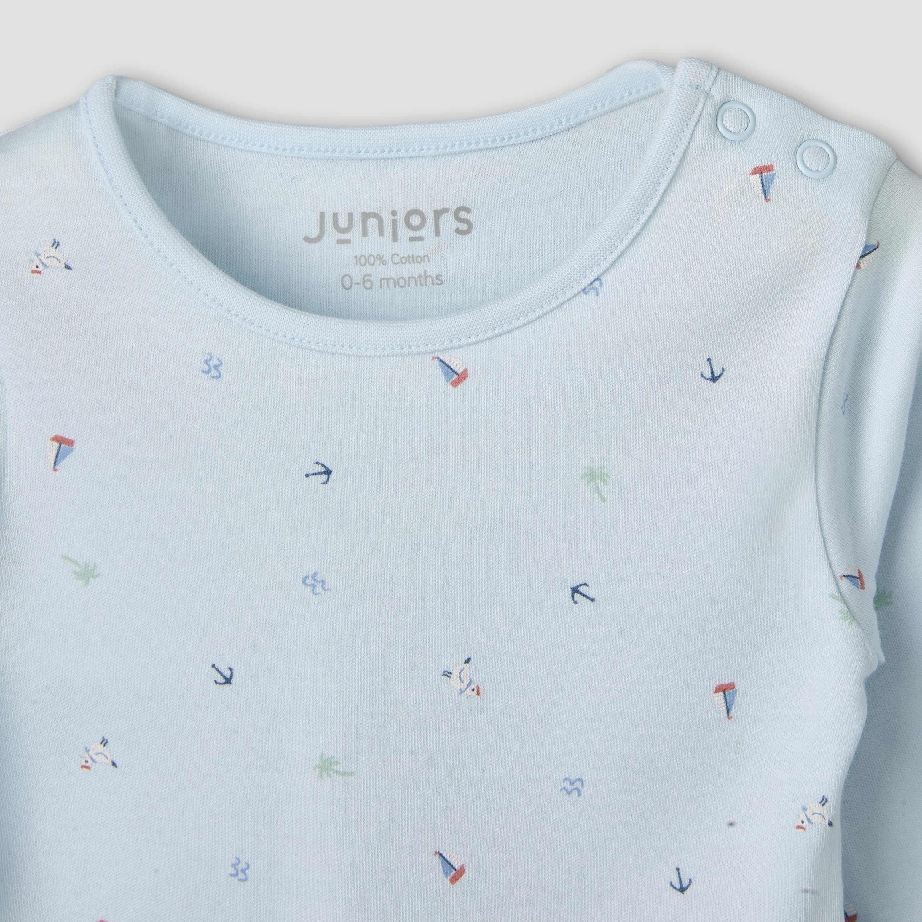 Juniors Cotton Round Neck Long Sleeves Pyjama Set with Nautical Print
