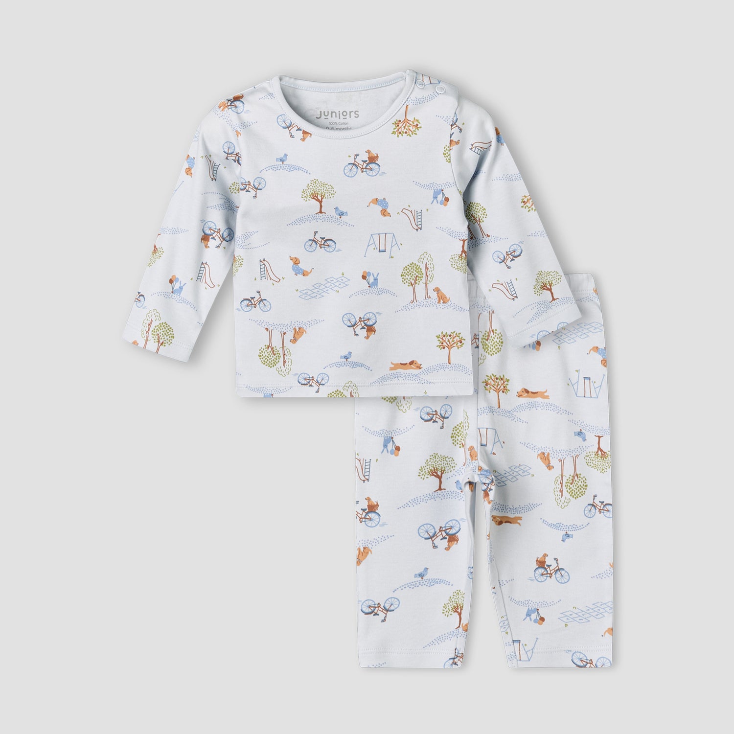 Juniors Cotton Long Sleeves Pyjama Set with Park Print - Blue / 12-18 mths