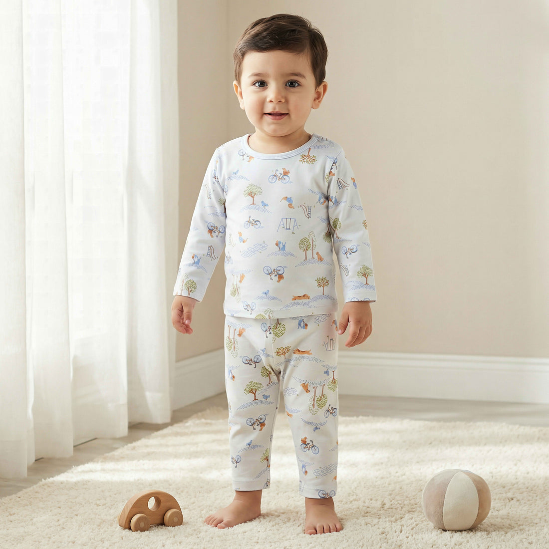 Juniors Cotton Long Sleeves Pyjama Set with Park Print - Blue / 18-24 mths
