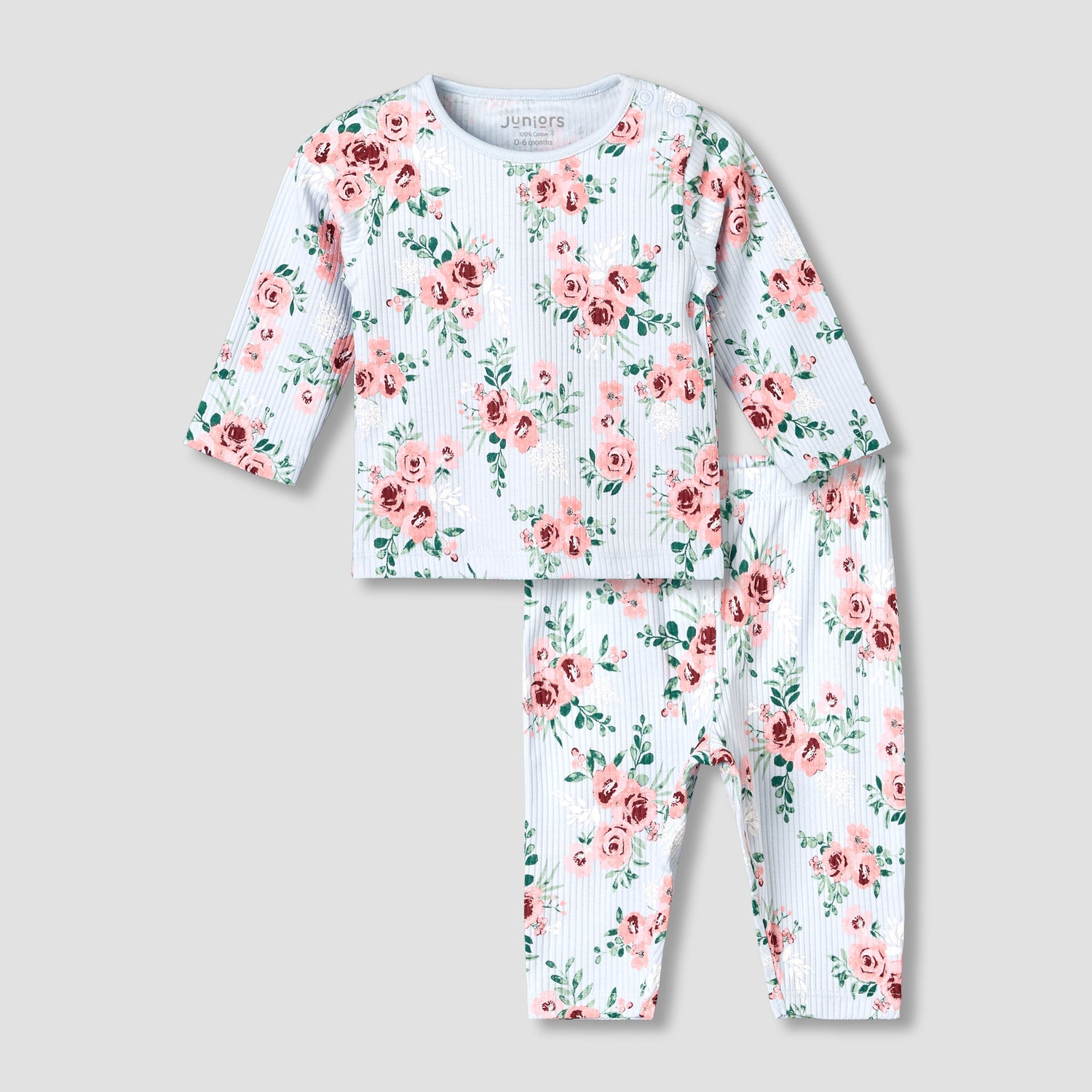 Juniors Cotton Long Sleeves Pyjama Set with Floral Print - Blue / 12-18 mths