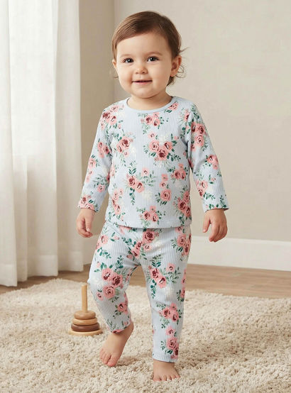 Juniors Cotton Long Sleeves Pyjama Set with Floral Print-baby-girls-clothing-nightwear-pyjamasets-image-1