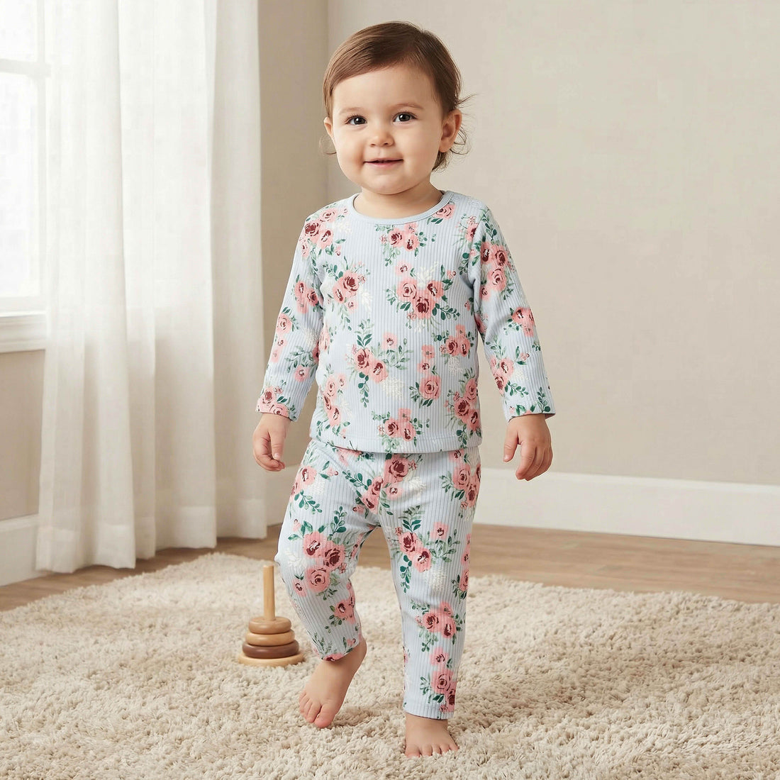 Juniors Cotton Long Sleeves Pyjama Set with Floral Print - Blue / 18-24 mths