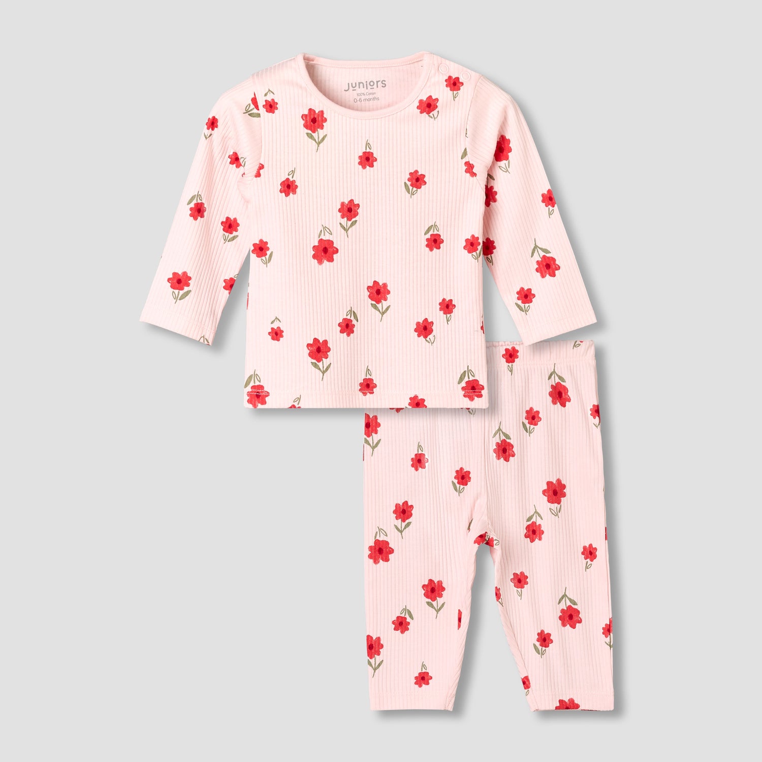 Juniors Cotton Long Sleeves Pyjama Set with Floral Print - Pink / 12-18 mths