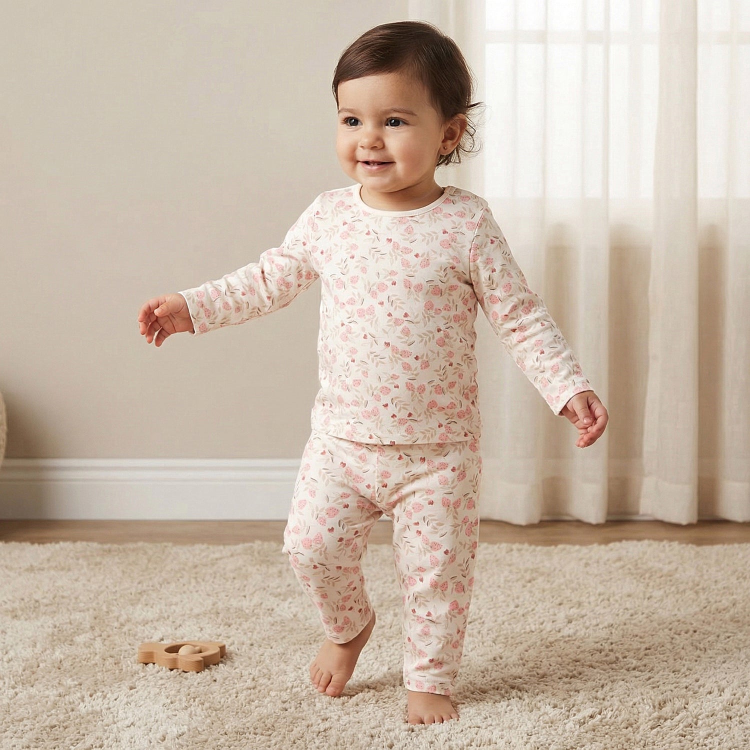 Juniors Cotton Long Sleeves Pyjama Set with Strawberry Print
