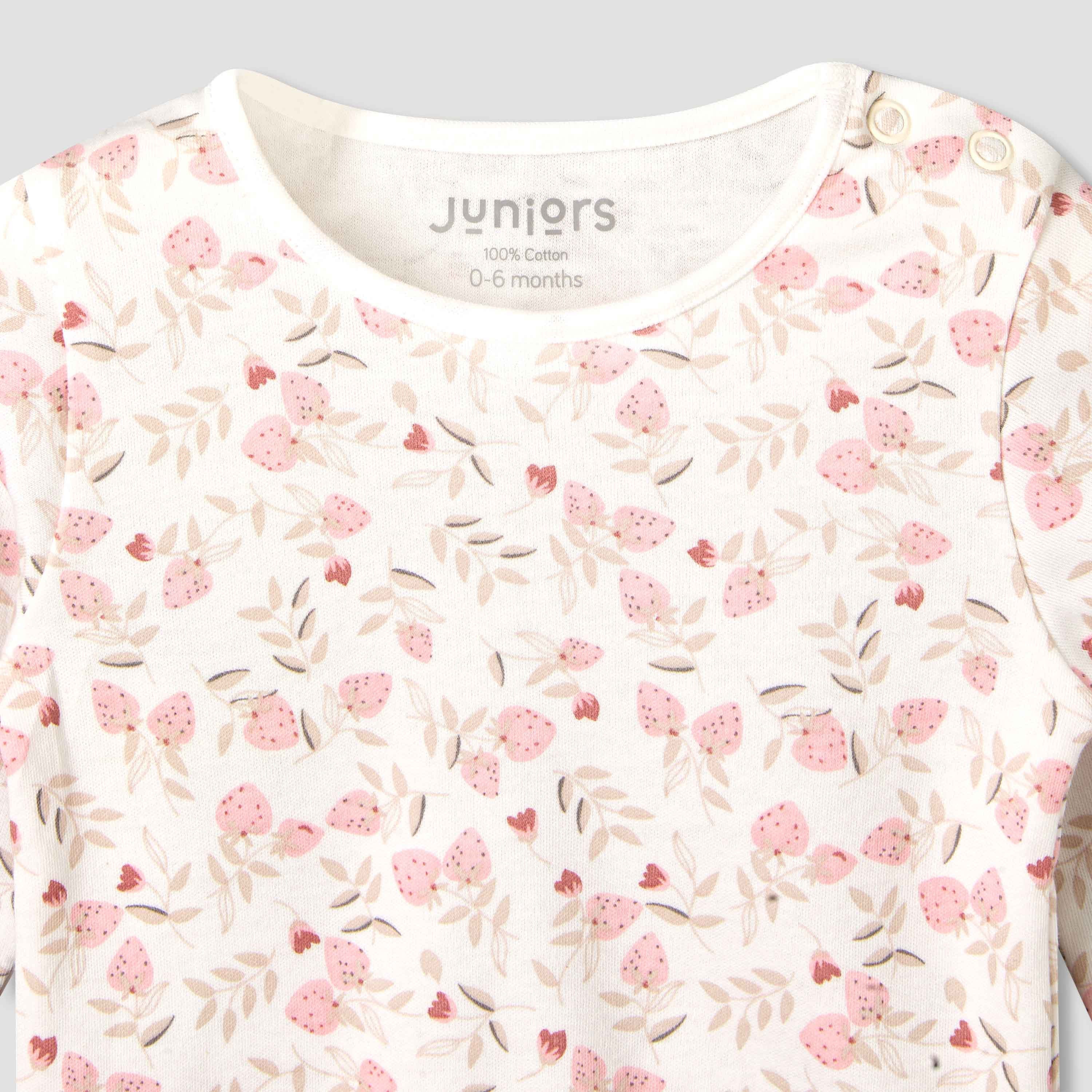Juniors Cotton Long Sleeves Pyjama Set with Strawberry Print