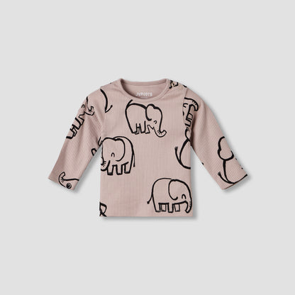 Juniors Cotton Round Neck Long Sleeve Pyjama Set with Elephant Print