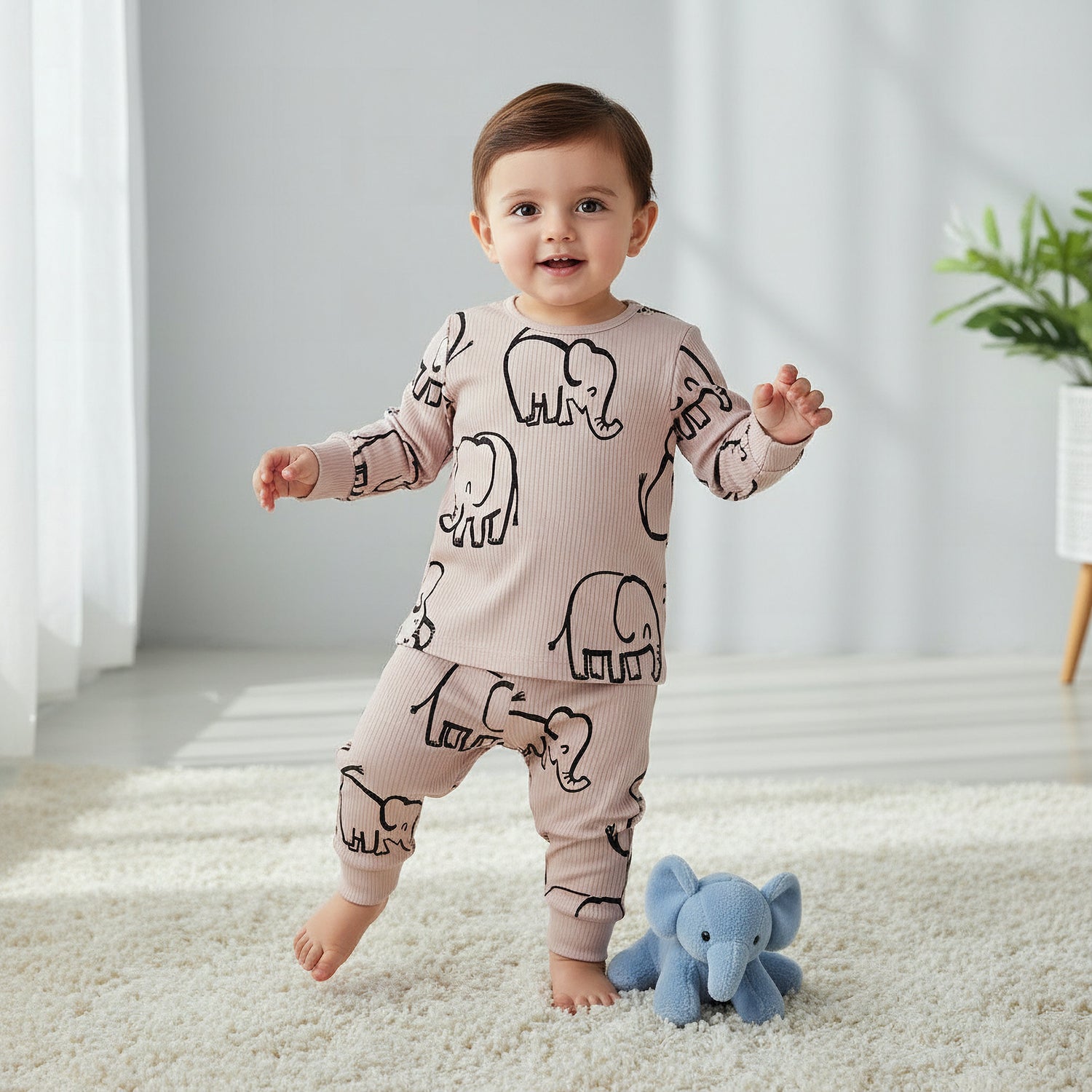 Juniors Cotton Round Neck Long Sleeve Pyjama Set with Elephant Print - Beige / 18-24 mths