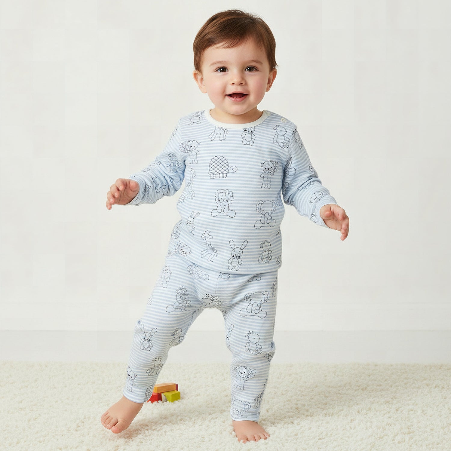 Juniors Cotton Round Neck Long Sleeve Pyjama Set with Elephant Print