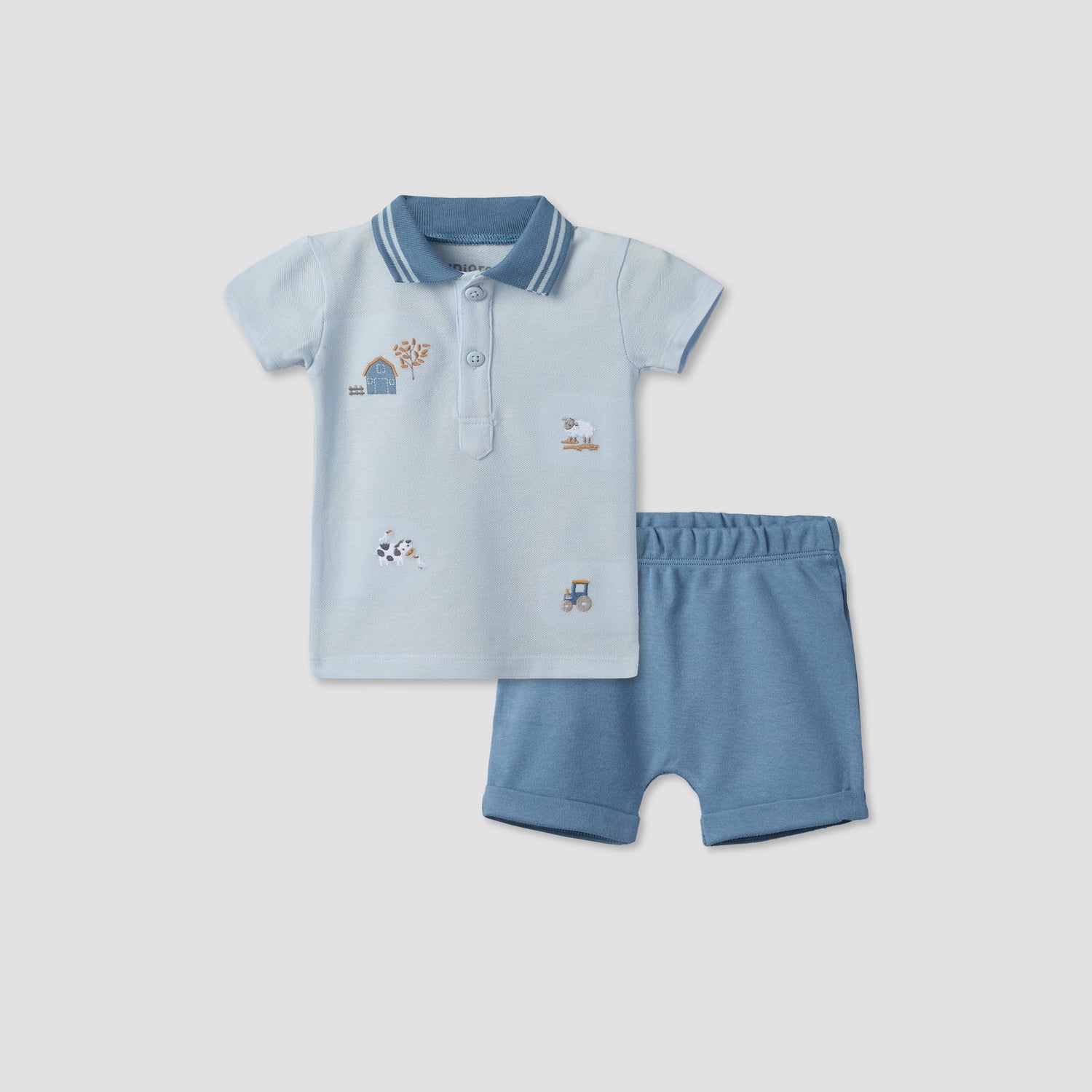 Juniors Collared Short Sleeves Polo T-shirt and Shorts Set with Embroidery - Blue / 12-18 mths
