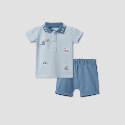 Juniors Collared Short Sleeves Polo T-shirt and Shorts Set with Embroidery - Blue / 12-18 mths