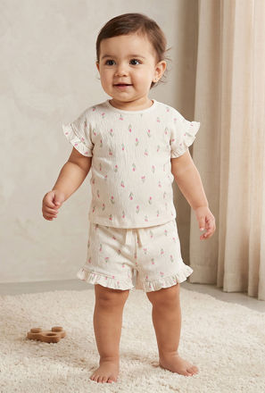 Juniors Crew Neck Short Sleeves Top and Shorts Set with Tulip Print