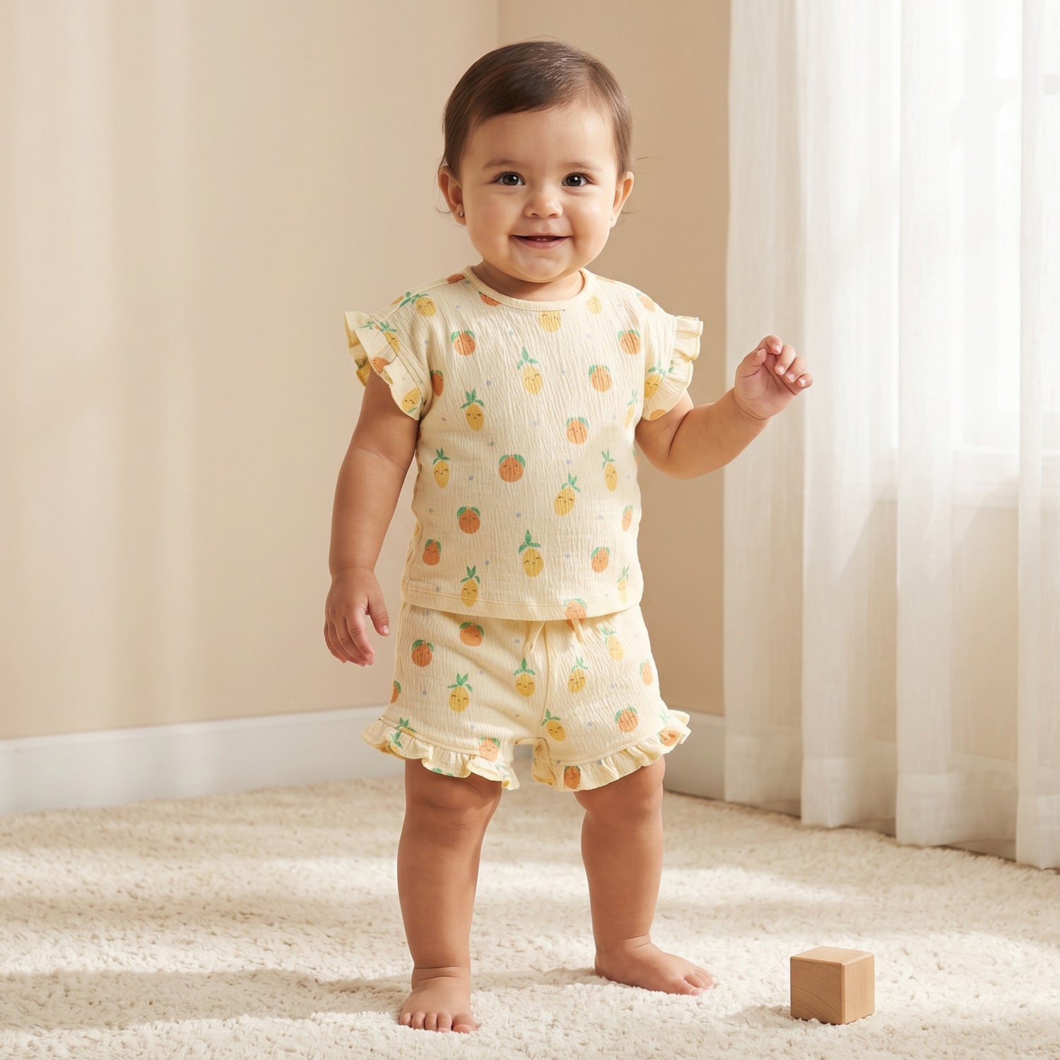 Juniors Crew Neck Short Sleeves Top and Shorts Set with Fruit Print - Yellow / 12-18 mths