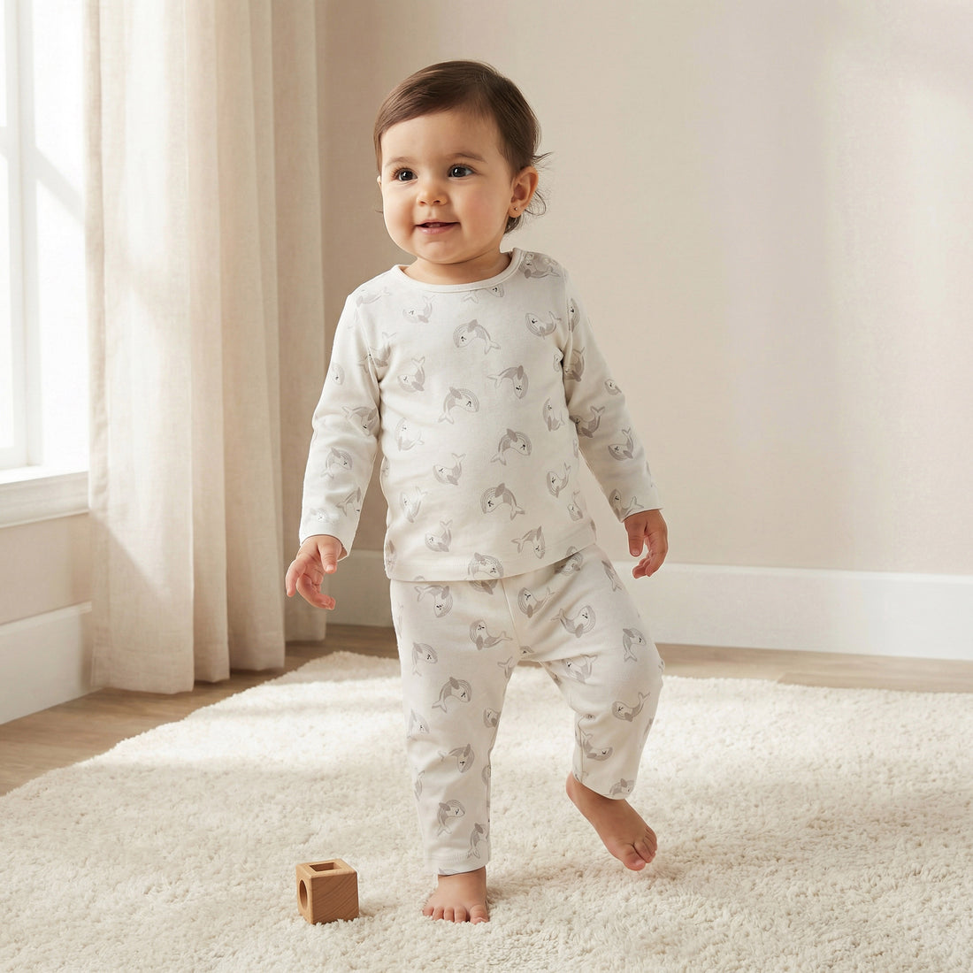 Juniors Dolphin Print T-shirt and Pyjama Set - Cream / 12-18 mths