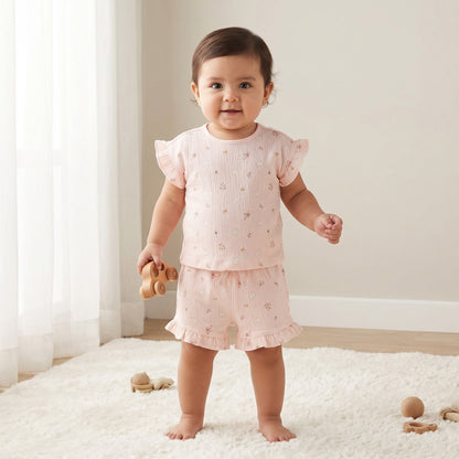 Juniors Crew Neck Short Sleeves Top and Shorts Set with Floral Print - Pink / 12-18 mths